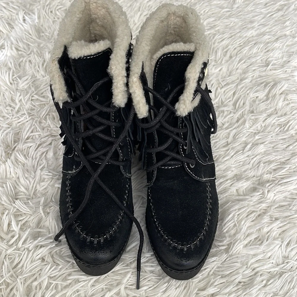 Sam Edelman Kemper Black Suede Fringe Ankle Boots Booties Size 7.5
